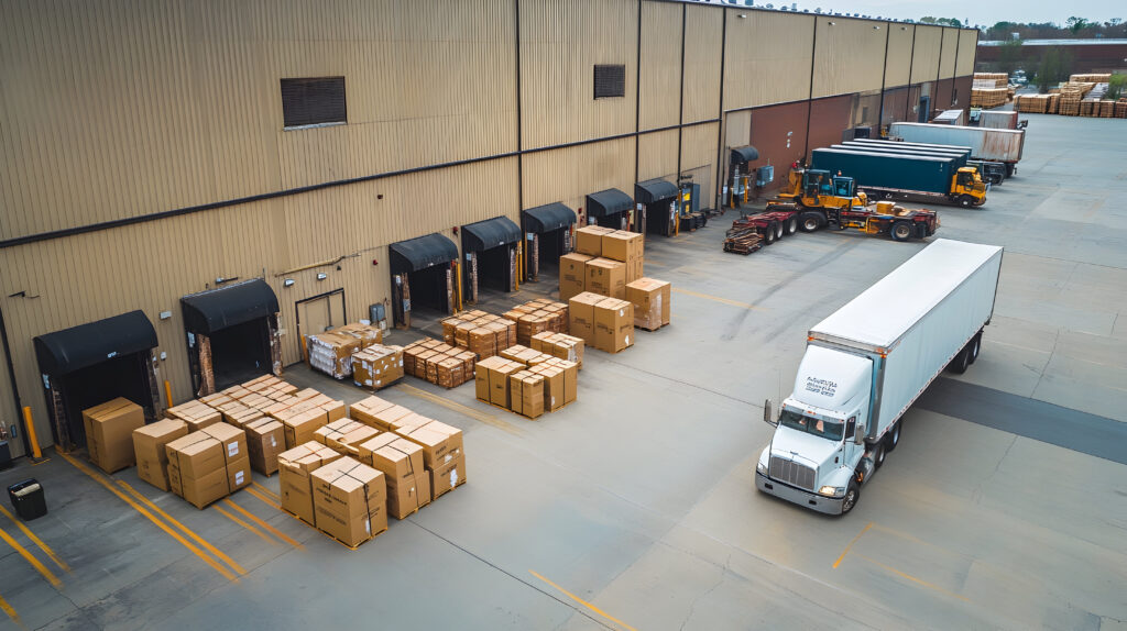 Truck at a warehouse loading dock driving away after picking up e-waste