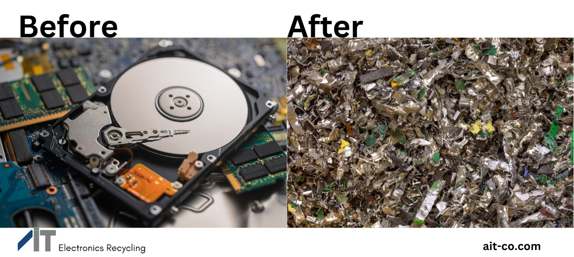 A before and after image of a shredded hard drive.