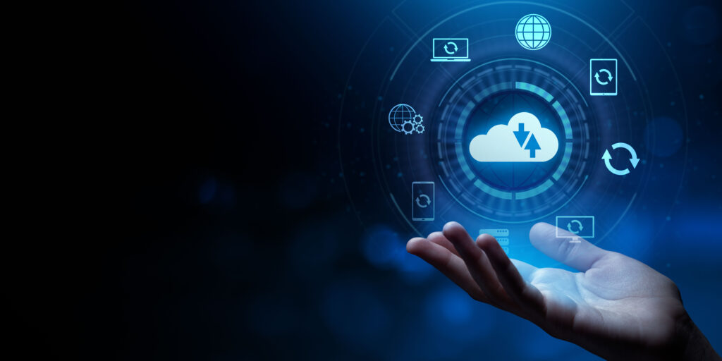 Holographic cloud backup interface with connected devices.