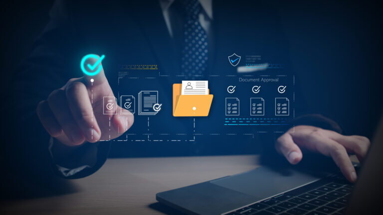 Business professional using a laptop with a digital document approval interface, illustrating data backup best practices, verification, and secure documentation before data destruction.