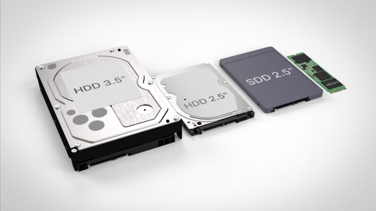 Comparison of data-bearing devices, including 3.5-inch and 2.5-inch hard drives, a 2.5-inch solid-state drive, and an M.2 SSD.