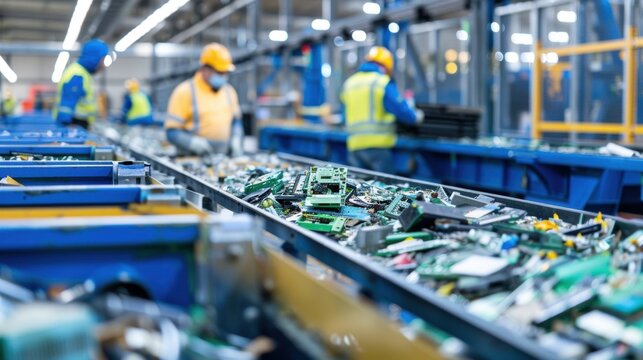 E-waste recycling facility with workers sorting discarded circuit boards on a conveyor line