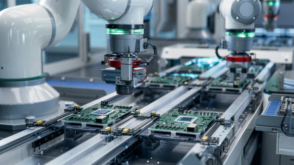 PCB manufacturer producing circuit boards on an automated assembly line