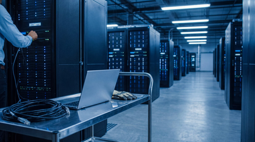 Technician performing preventative maintenance in a modern data center with server racks, laptop, cables, and maintenance tools