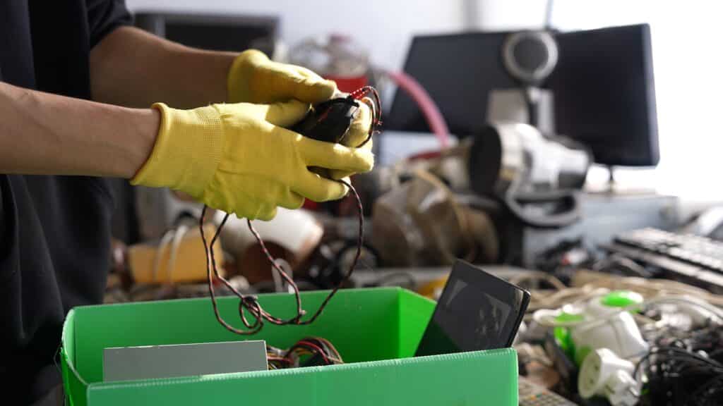 Worker sorts electronic waste into a recycling bin during commercial electronics recycling processing.