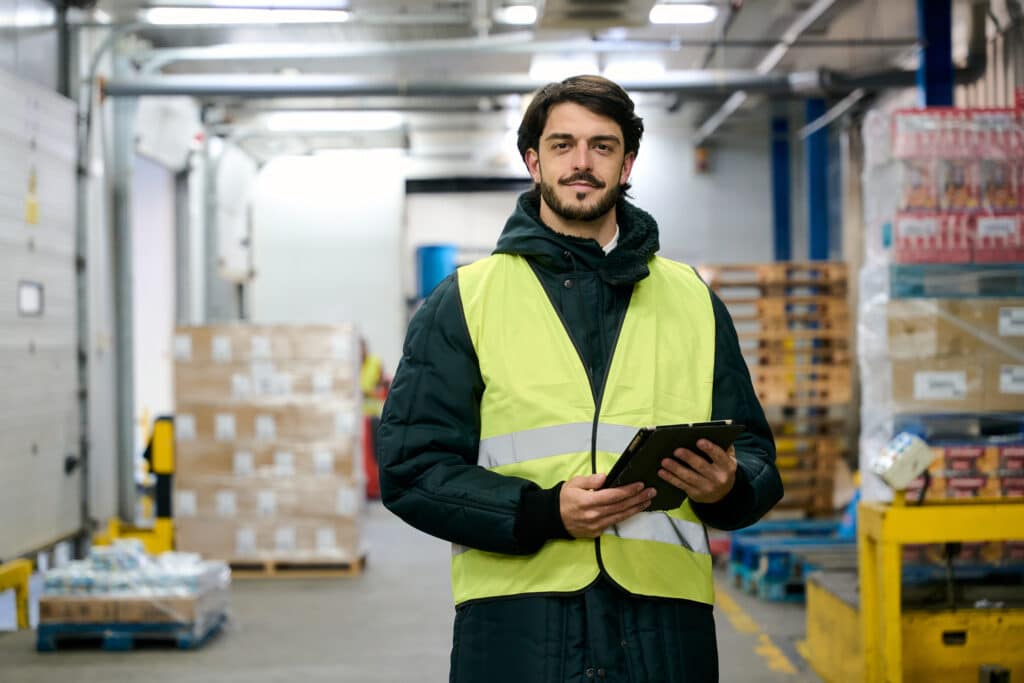 Warehouse professional with a tablet in a logistics facility.