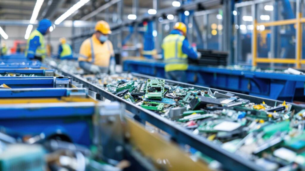 Electronic waste recycling facility with dismantled circuit boards and components moving along a conveyor belt while workers in safety gear sort materials in the background.