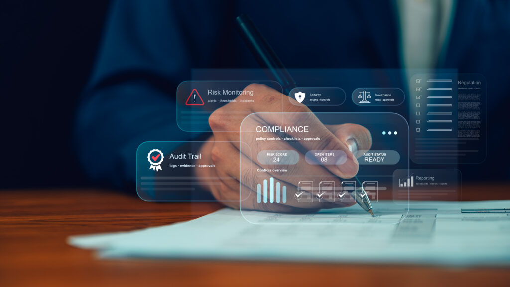 Professional signing a document with a digital compliance dashboard overlay showing risk monitoring, audit trail, governance, and reporting, representing data destruction standards and regulatory compliance.