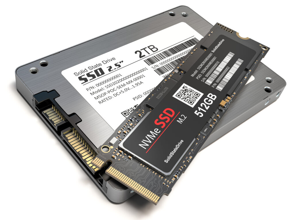 Two solid-state drives on a white background: a silver 2.5-inch SATA SSD labeled 2TB with a smaller black M.2 NVMe SSD labeled 512GB placed diagonally on top, illustrating the difference in size and form factor.