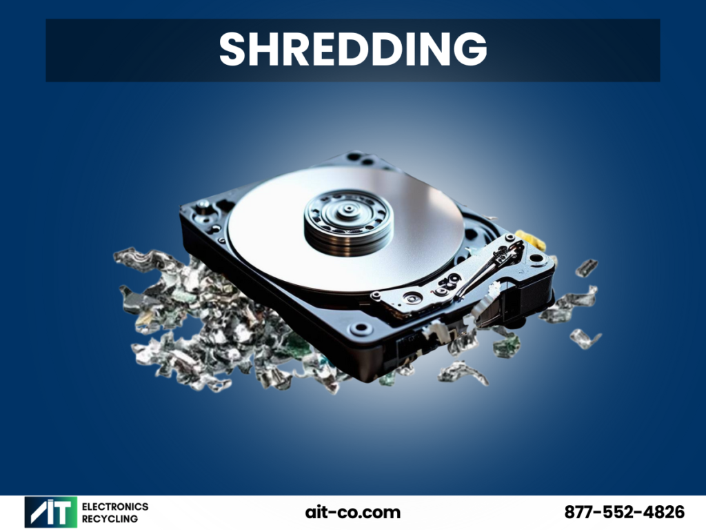 Hard drive breaking into metal fragments to illustrate certified hard drive shredding and secure data destruction.