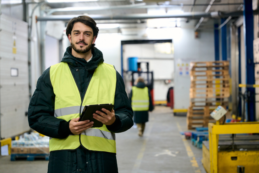Warehouse worker in a safety vest holding a tablet inside an industrial facility with pallets and another worker in the background.