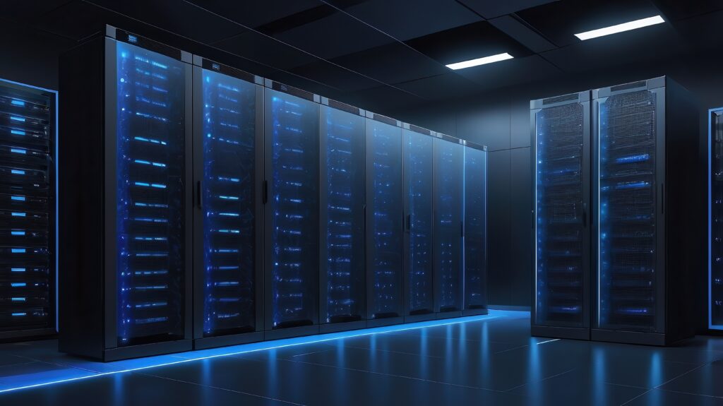 Futuristic data center with rows of illuminated server racks and blue lighting, representing enterprise storage infrastructure and secure digital operations.
