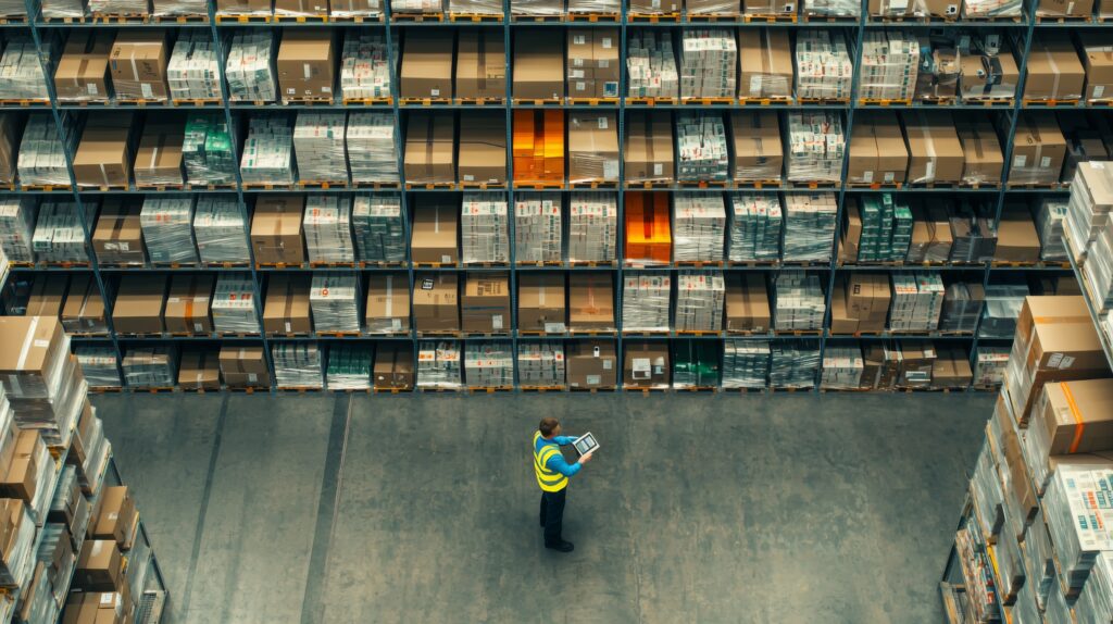 Warehouse worker using a tablet in front of organized storage racks, representing inventory tracking and IT asset lifecycle management policy.