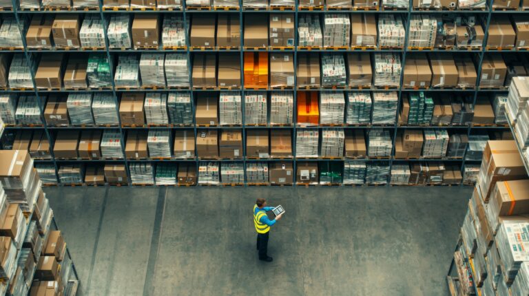 Warehouse worker using a tablet in front of organized storage racks, representing inventory tracking and IT asset lifecycle management.