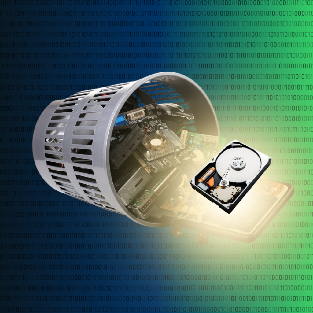 A trash bin is toppled over, with a glowing hard drive sticking out