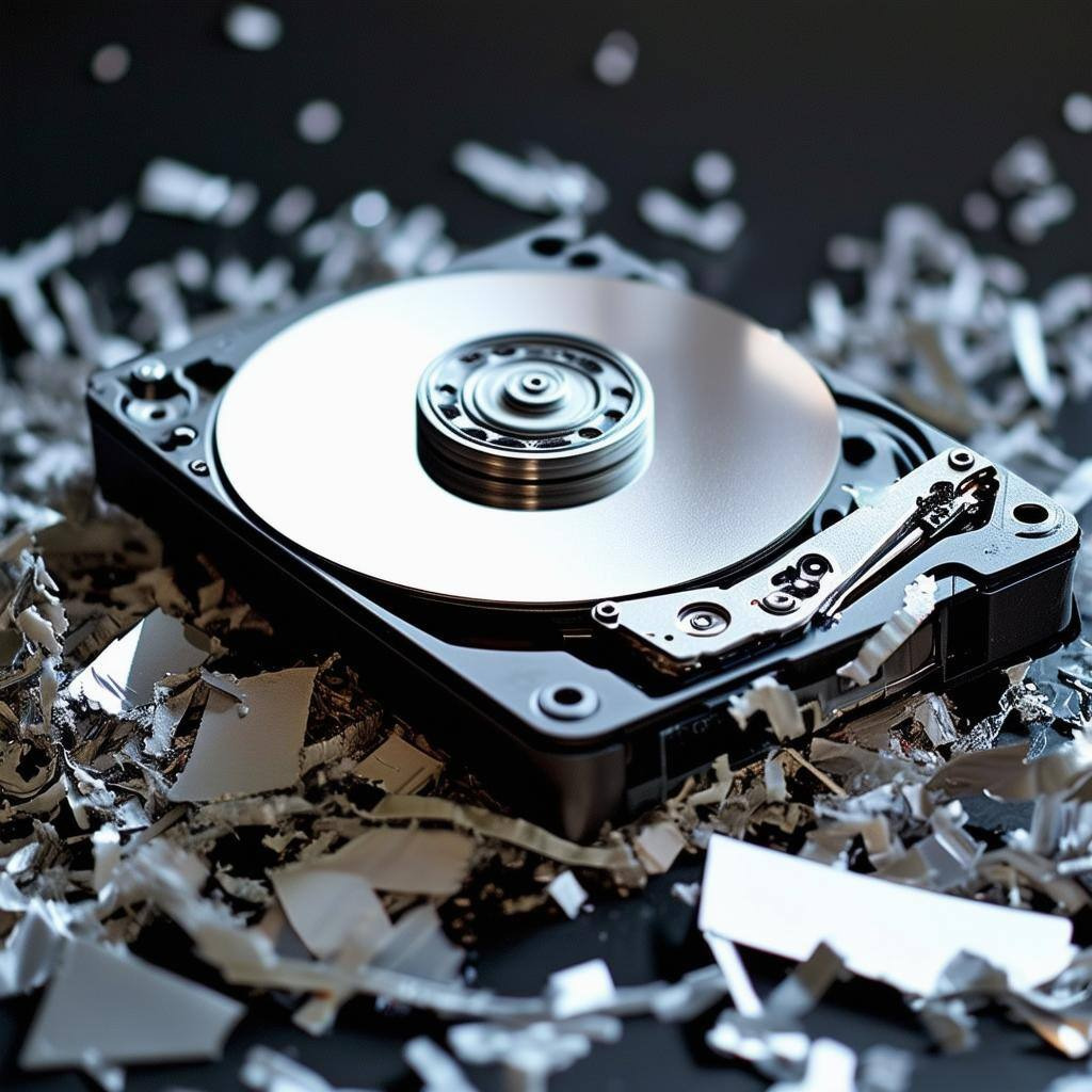 A hard drive sits atop shredded bits of hard drive