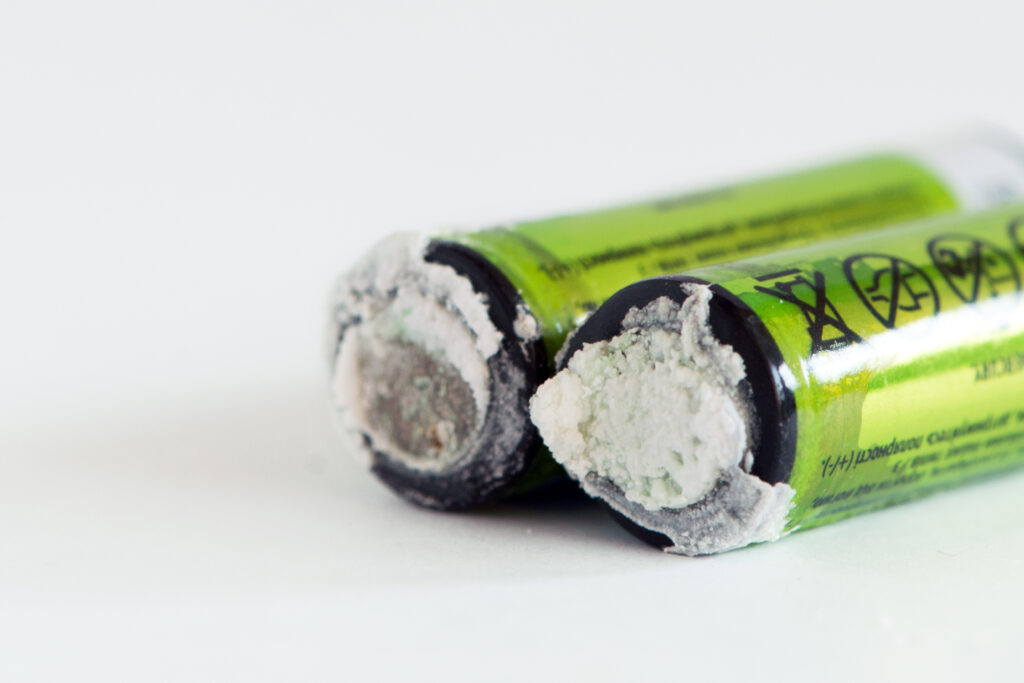 Corroded alkaline batteries illustrating the environmental impact of e-waste