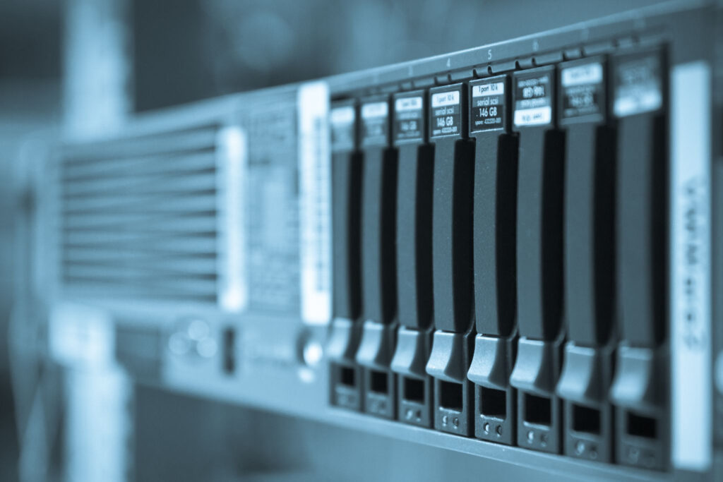 Close-up of hot-swappable server hard drives in a data center