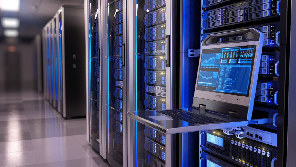 Rack-mounted console displaying system metrics in a modern data center