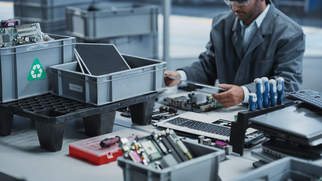 Technician recycling electronic components at an e-waste workstation