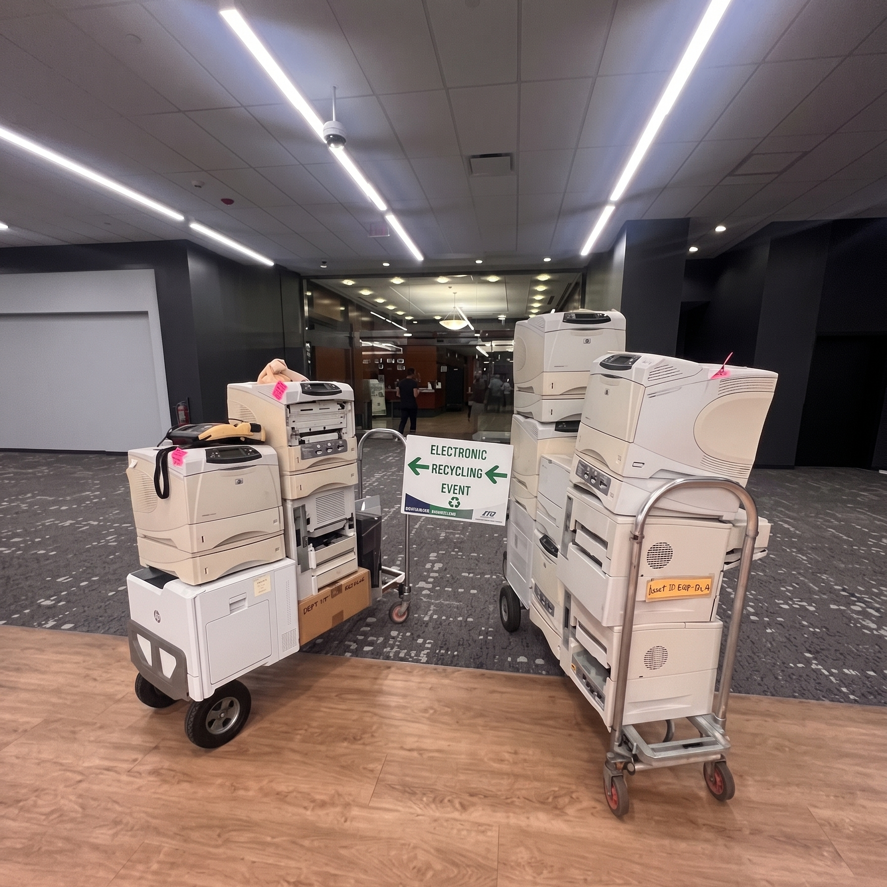 Collected printers and legacy office equipment for responsible e-waste recycling.